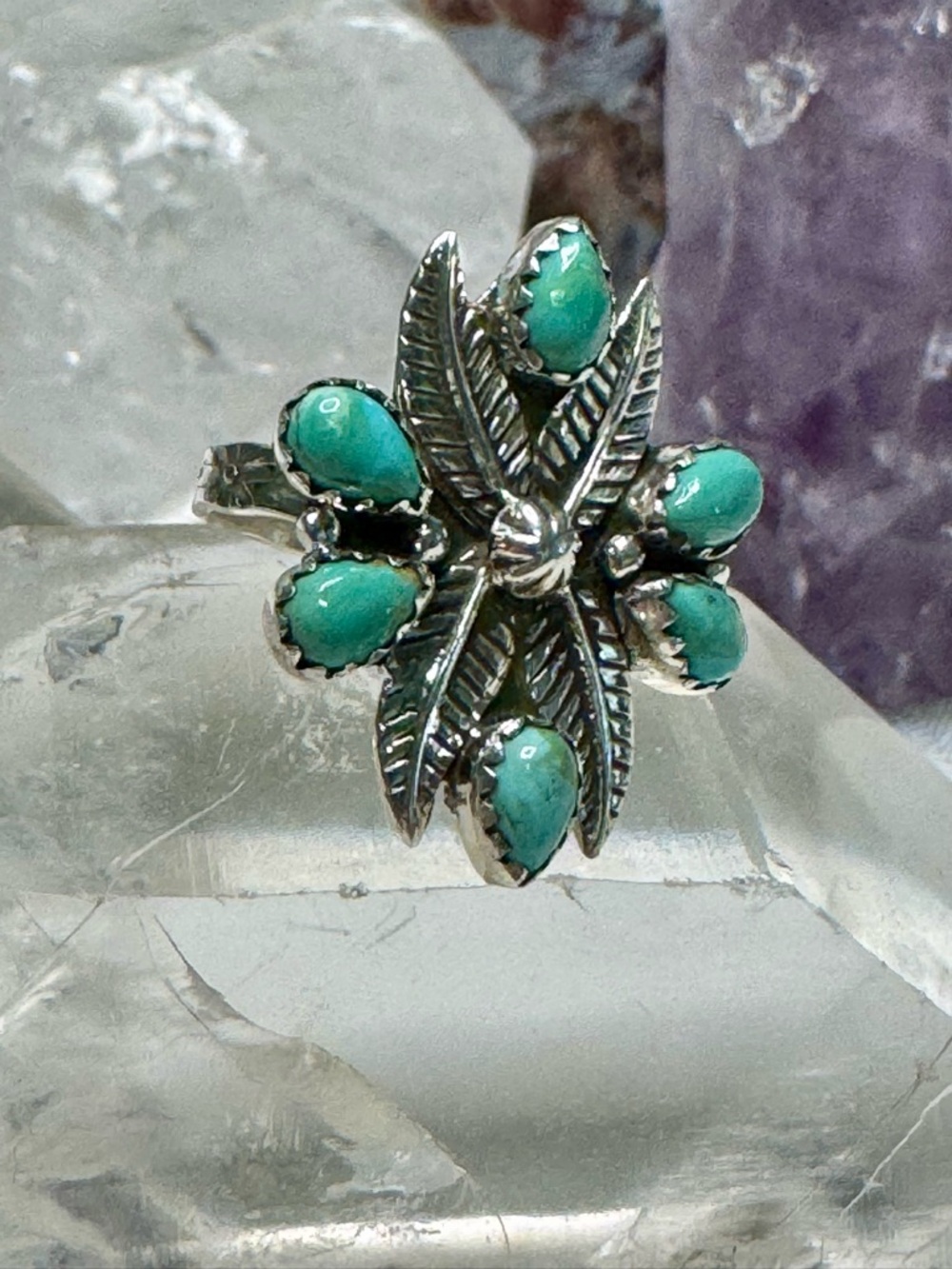 Kingman Mojave Turquoise Sterling Silver Floral Leaf Ring - Adjustable
